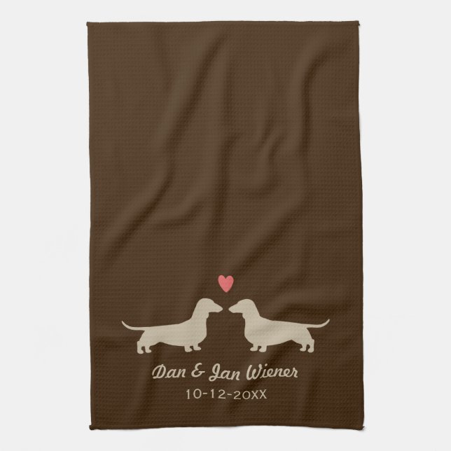 Dachshund Silhouettes with Heart Personalized Cute Kitchen Towel (Vertical)
