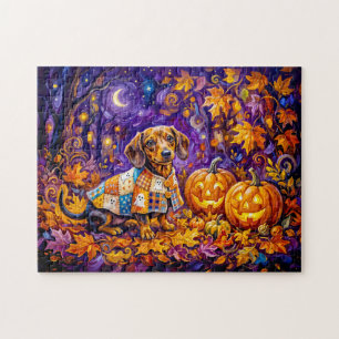 Dachshund Sitting Among Pumpkins Under Autumn Nigh Jigsaw Puzzle