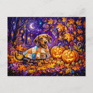 Dachshund Sitting Among Pumpkins Under Autumn Nigh Postcard