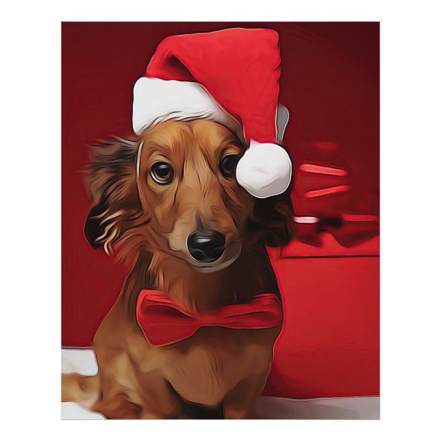 Dachshund Sitting In Front Of A Christmas Gift Pos Photo Print (Front)
