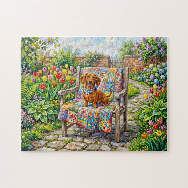 Dachshund Sitting on Patchwork Garden Chair Among  Jigsaw Puzzle (Horizontal)