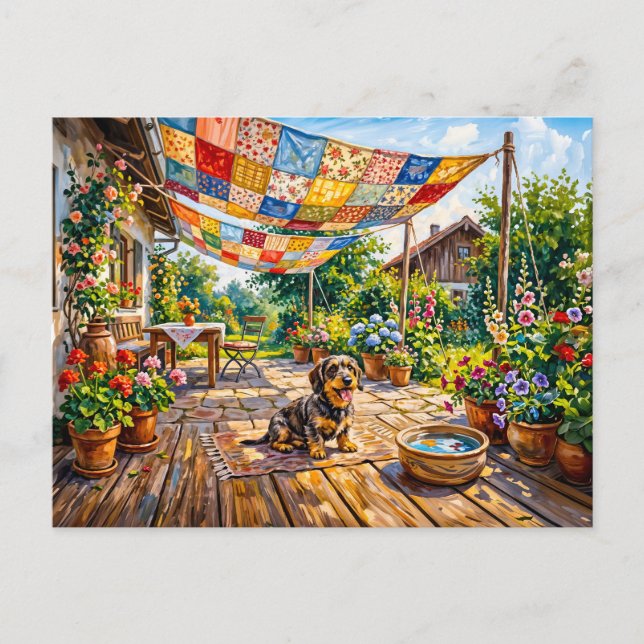 Dachshund Sitting Under Colorful Patchwork Garden  Postcard (Front)