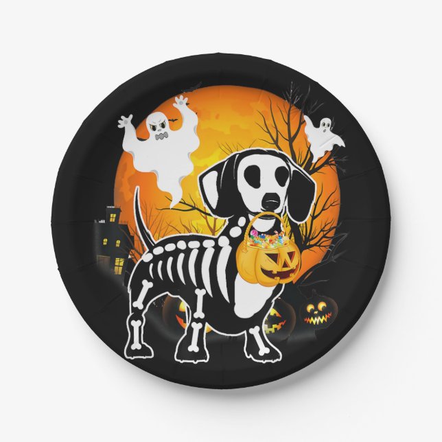 Dachshund Skeleton Halloween Happy Pumpkin Gift Paper Plates (Front)