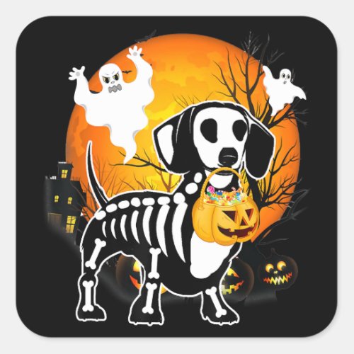 Dachshund Skeleton Halloween Happy Pumpkin Gift Square Sticker