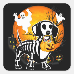 Dachshund Skeleton Halloween Happy Pumpkin Gift Square Sticker