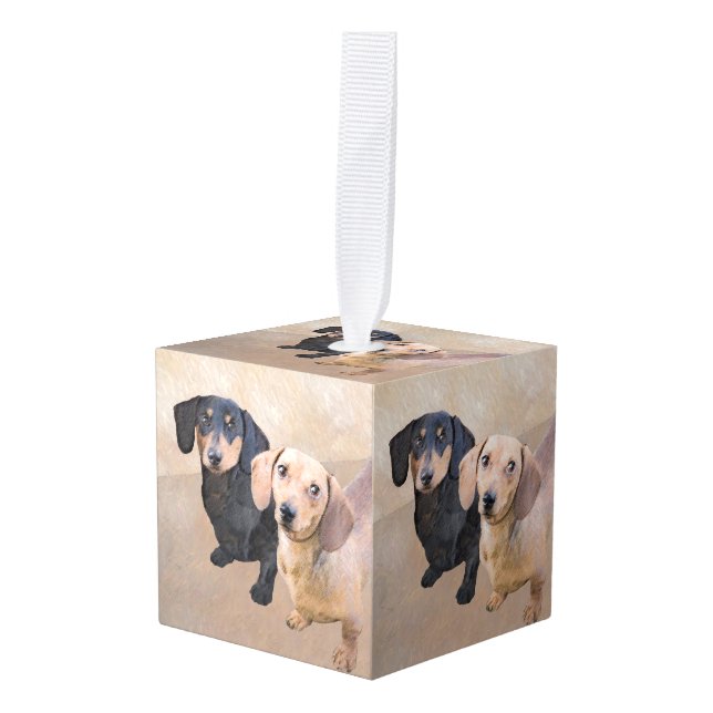 Dachshund (Smooth) Painting - Original Dog Art Cube Ornament (Front Angled)