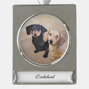 Dachshund (Smooth) Painting - Original Dog Art Silver Plated Banner Ornament