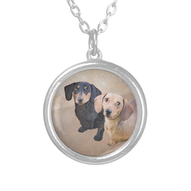 Dachshund (Smooth) Painting - Original Dog Art Silver Plated Necklace (Front)