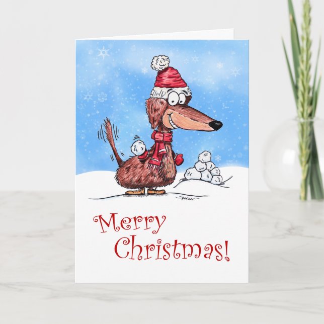 Dachshund Snowball Merry Christmas Holiday Card (Front)