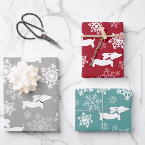 Dachshund Snowflakes Christmas Silver Red  Teal Wrapping Paper Sheets