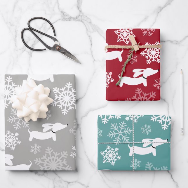 Dachshund Snowflakes Christmas Silver Red & Teal Wrapping Paper Sheets (Front)
