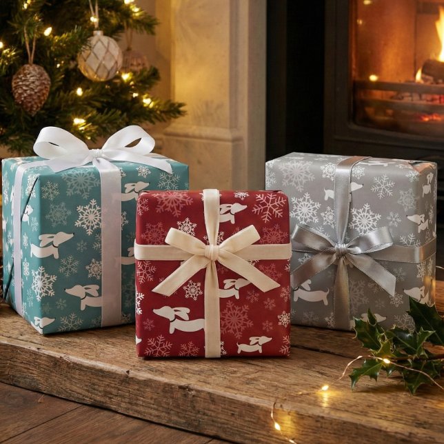 Dachshund Snowflakes Christmas Silver Red & Teal Wrapping Paper Sheets (Three colors of dachshund snowflake gift wrap - doxie wrapping Christmas paper)