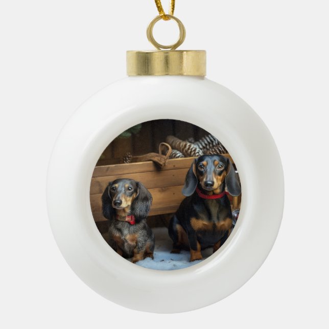 Dachshund Snowy Sleigh Christmas Decor Ceramic Ball Christmas Ornament (Front)
