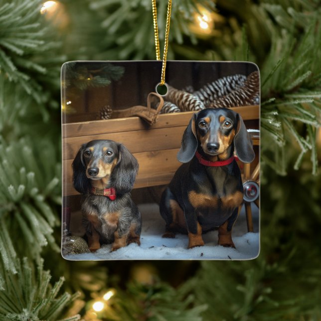 Dachshund Snowy Sleigh Christmas Decor Ceramic Ornament (Tree)