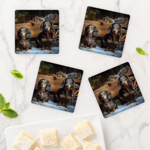 Dachshund Snowy Sleigh Christmas Decor Coaster Set