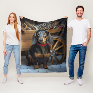 Dachshund Snowy Sleigh Christmas Decor Fleece Blanket