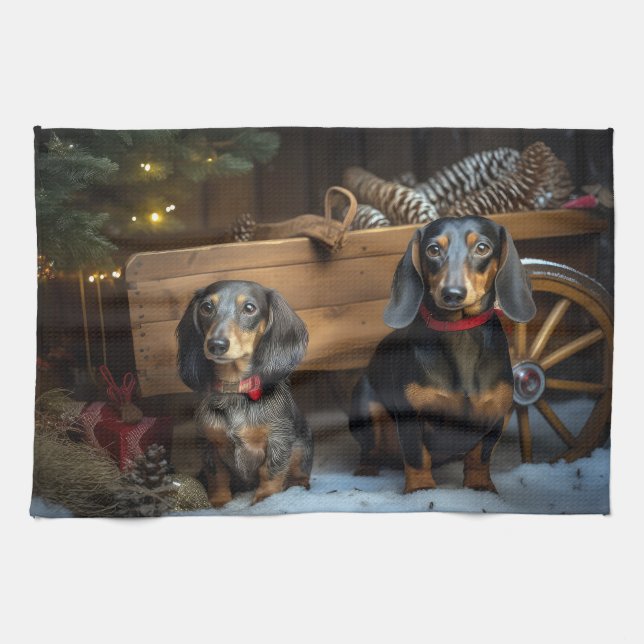 Dachshund Snowy Sleigh Christmas Decor Kitchen Towel (Horizontal)