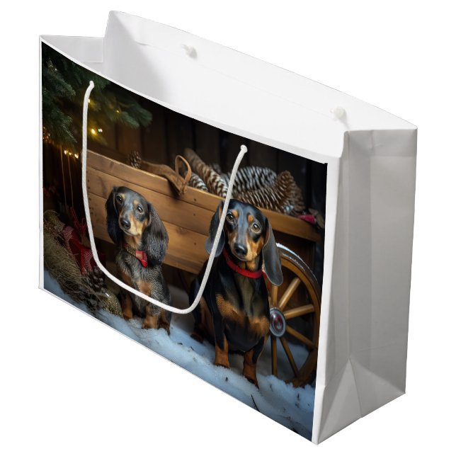 Dachshund Snowy Sleigh Christmas Decor Large Gift Bag (Front Angled)
