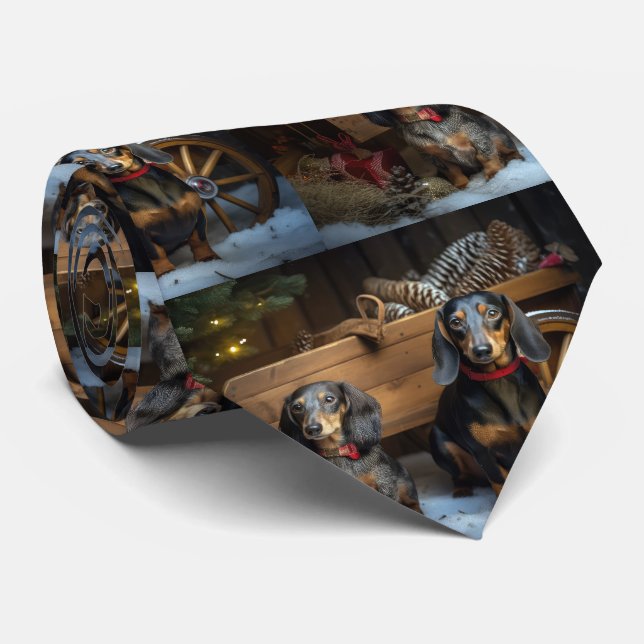 Dachshund Snowy Sleigh Christmas Decor Neck Tie (Rolled)