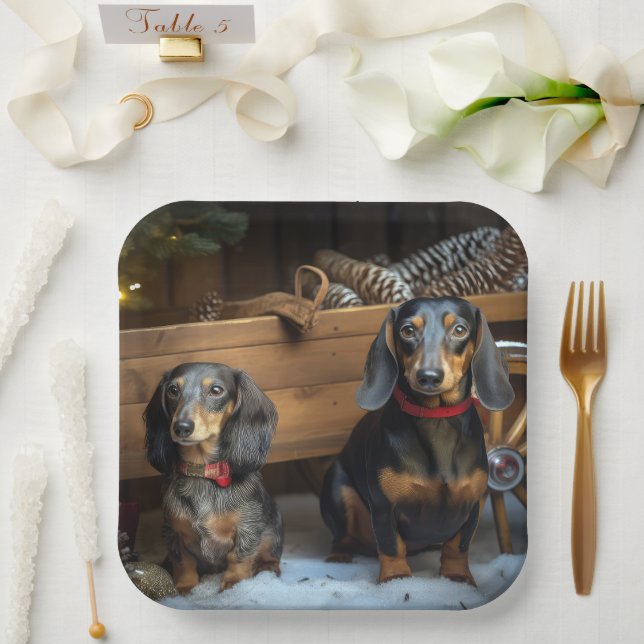 Dachshund Snowy Sleigh Christmas Decor Paper Plates (Wedding)