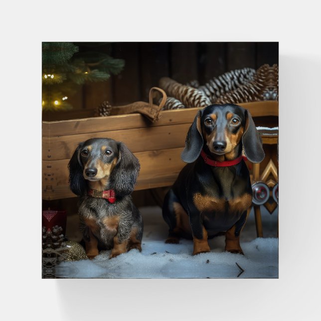 Dachshund Snowy Sleigh Christmas Decor Paperweight (Front)