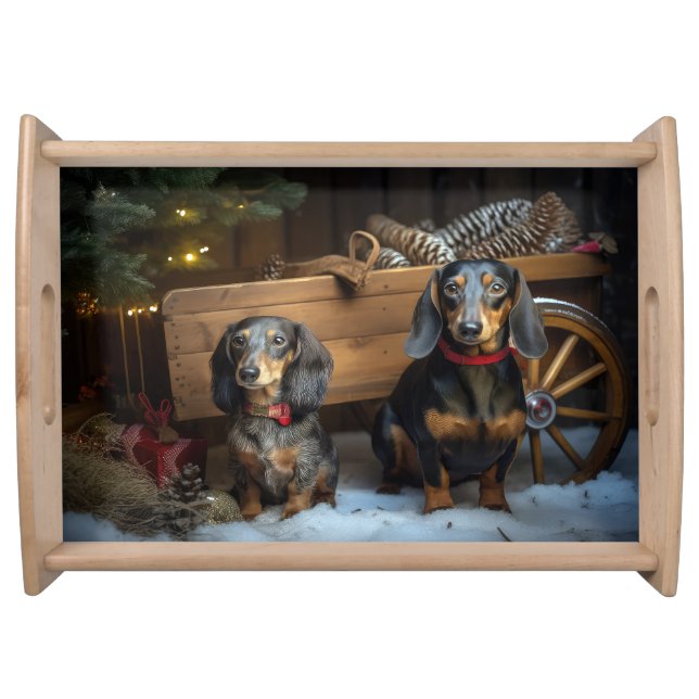 Dachshund Snowy Sleigh Christmas Decor Serving Tray (Front)