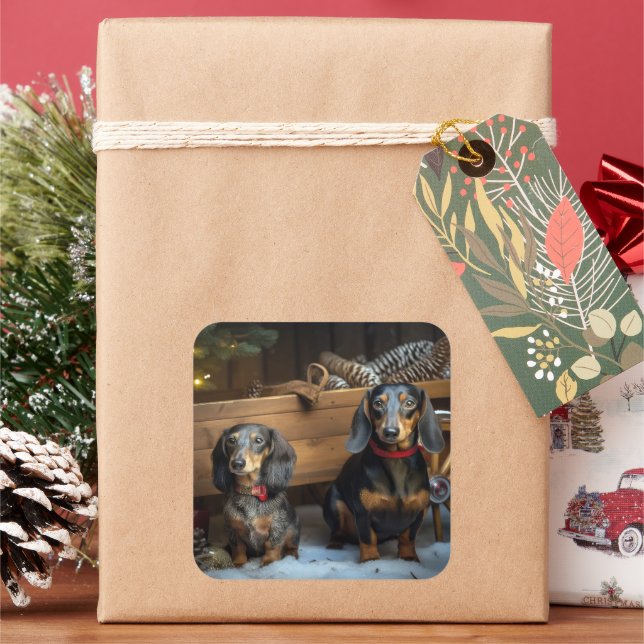 Dachshund Snowy Sleigh Christmas Decor Square Sticker (Holiday)