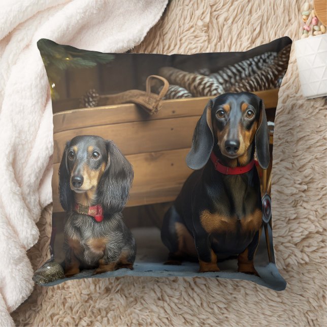 Dachshund Snowy Sleigh Christmas Decor Throw Pillow (Blanket)