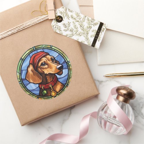 Dachshund Stained Glass Christmas Classic Round Sticker