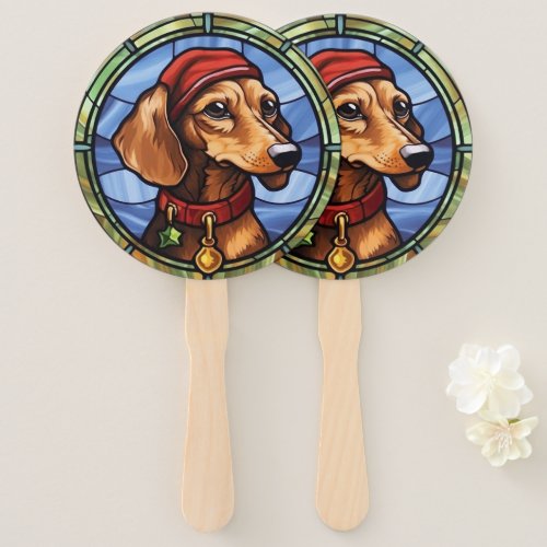 Dachshund Stained Glass Christmas Hand Fan