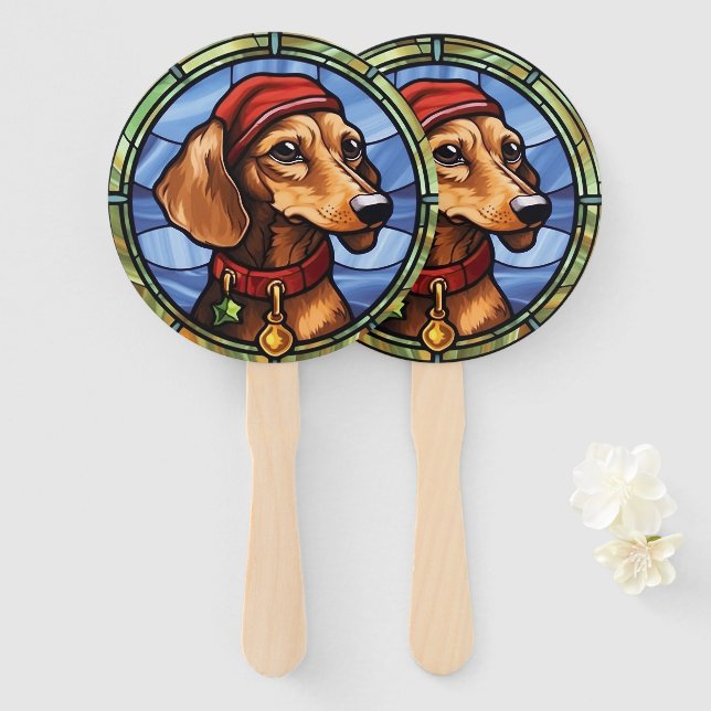 Dachshund Stained Glass Christmas Hand Fan (Front and Back)
