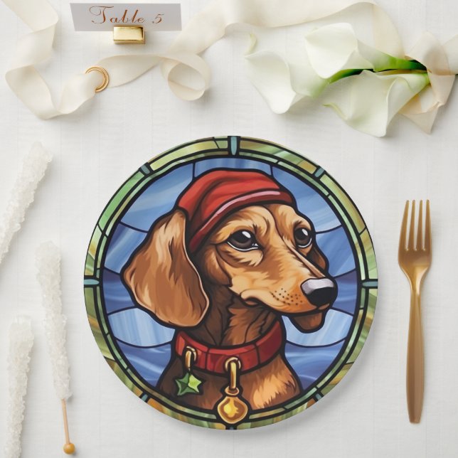 Dachshund Stained Glass Christmas Paper Plates (Wedding)