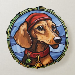 Dachshund Stained Glass Christmas Round Pillow
