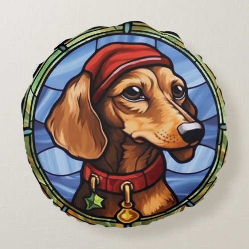 Dachshund Stained Glass Christmas Round Pillow