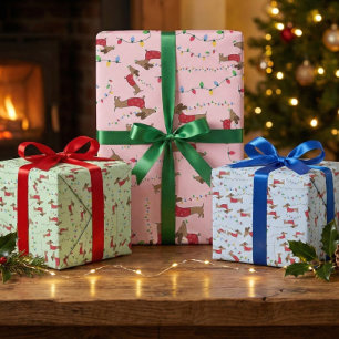 Dachshund Stealing Christmas Tree Lights Naughty Wrapping Paper Sheets