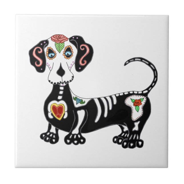 Dachshund Sugar Skull Ceramic Tile (Front)