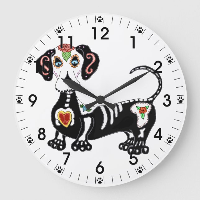 Dachshund Sugar Skull Large Clock (Front)
