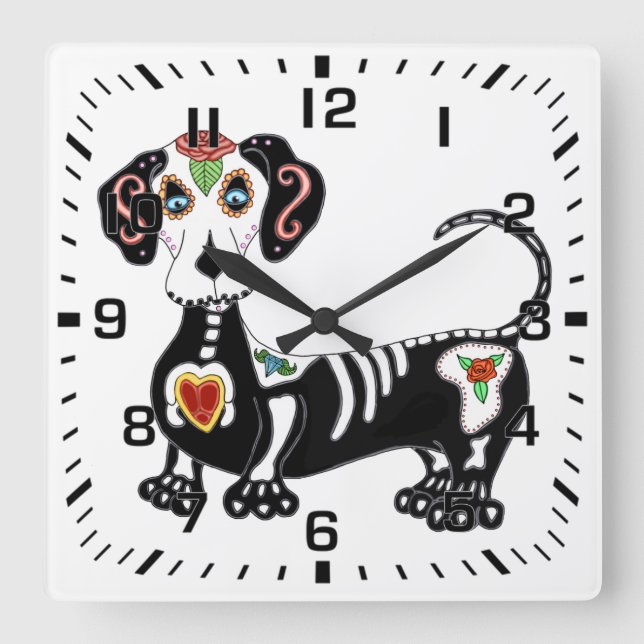Dachshund Sugar Skull Square Wall Clock (Front)