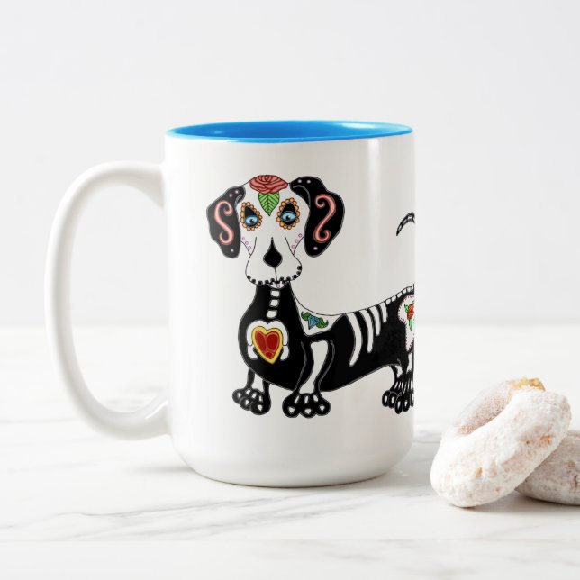 Dachshund Sugar Skull Two-Tone Coffee Mug (With Donut)