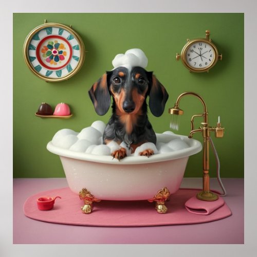 Dachshund Taking Bubble Bath in Tiny Tub Whimsical Poster