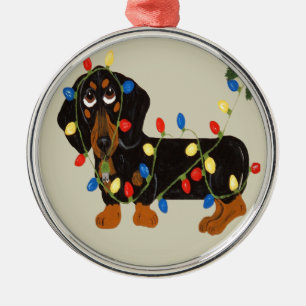 Dachshund Tangled In Christmas Lights Blk/TanOrnam Metal Ornament
