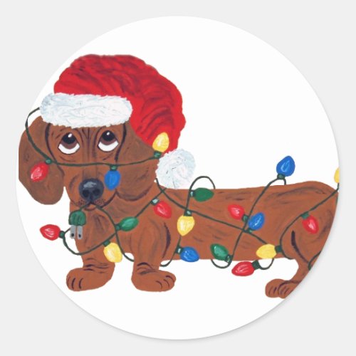 Dachshund Tangled In Christmas Lights Red Classic Round Sticker