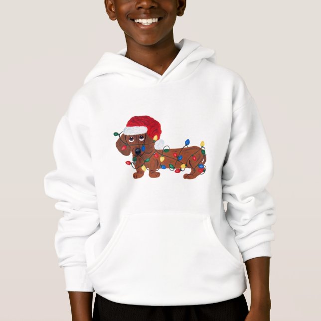 Dachshund Tangled In Christmas Lights (Red) Hoodie (Front)