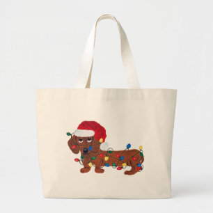 Dachshund Tangled In Christmas Lights (Red) Large Tote Bag