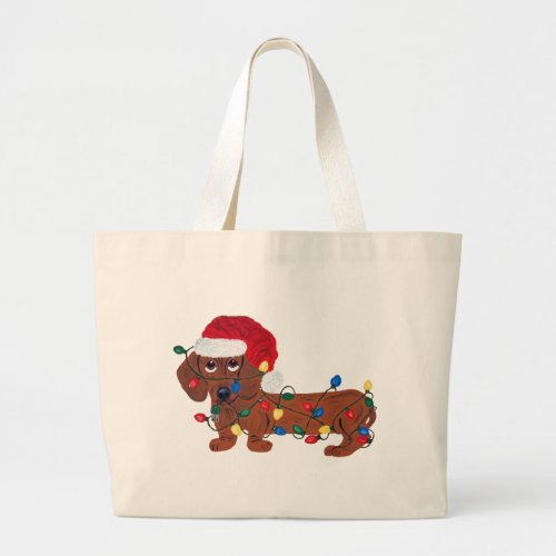 Dachshund Tangled In Christmas Lights Red Large Tote Bag