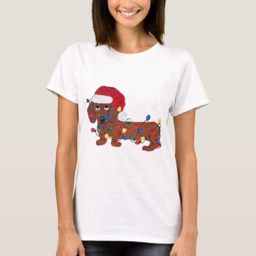 Dachshund Tangled In Christmas Lights Red T_Shirt