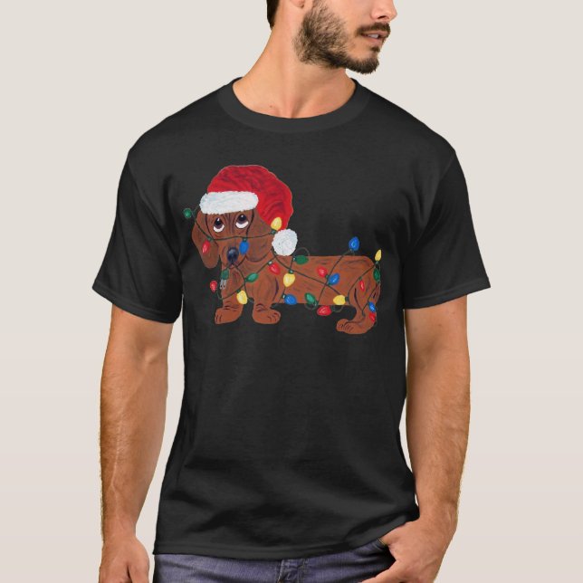 Dachshund Tangled In Christmas Lights (Red) T-Shirt (Front)