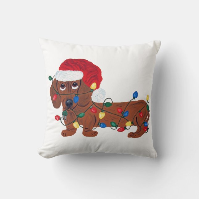 Dachshund Tangled In Christmas Lights (Red) Throw Pillow (Front)