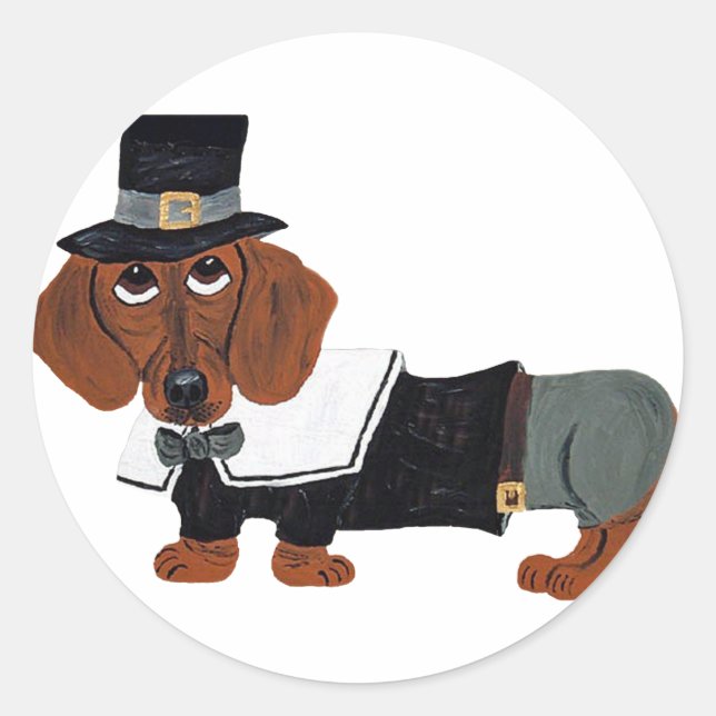 Dachshund Thanksgiving Pilgrim Classic Round Sticker (Front)
