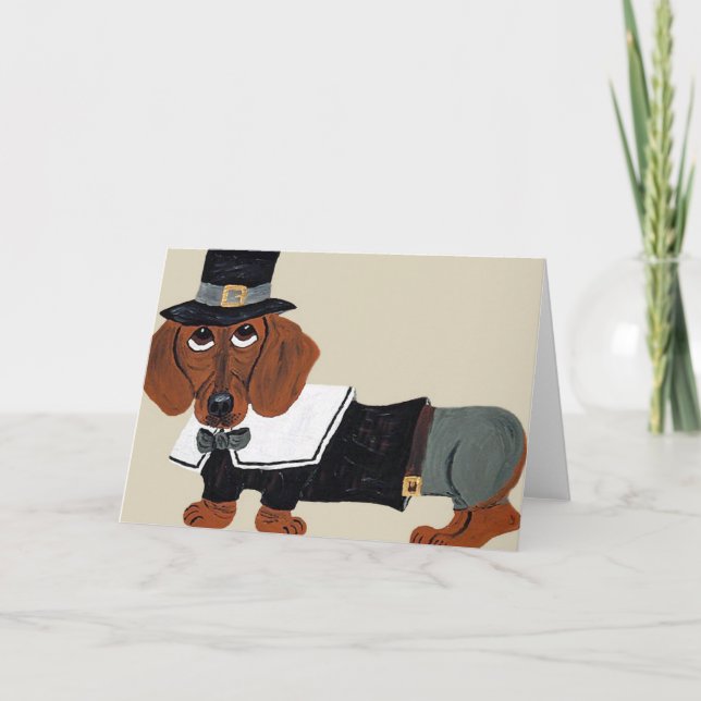 Dachshund Thanksgiving Pilgrim Holiday Card (Front)